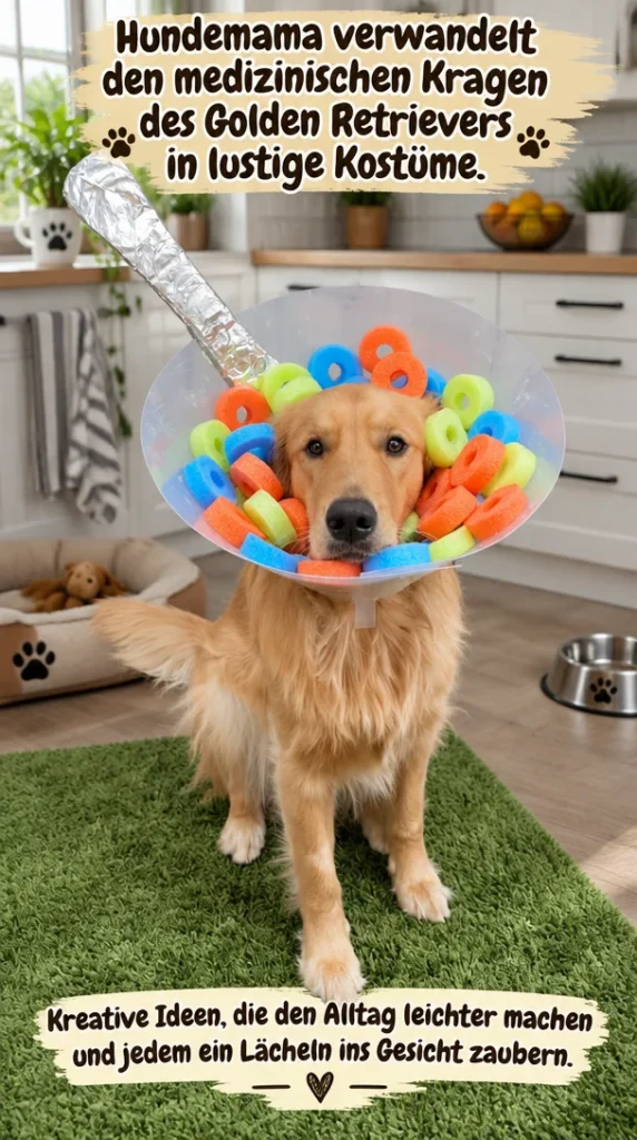Medizinischer Kragen des Golden Retrievers, kreativ gestaltet in lustige Kostüme.