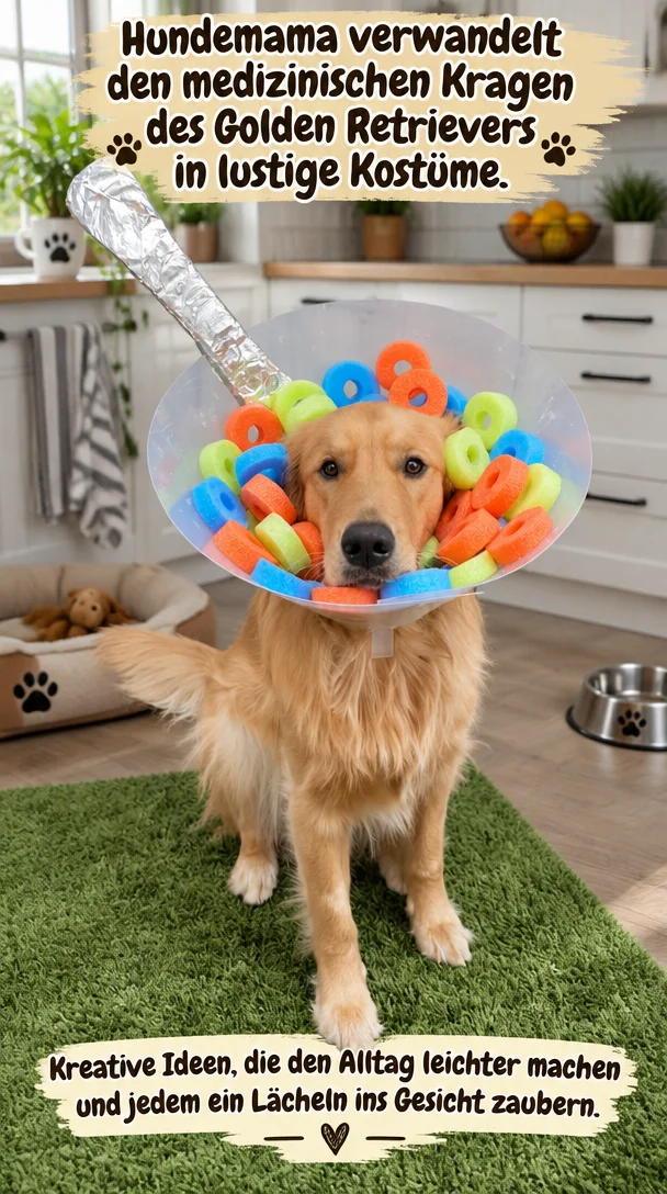 Hundemama verwandelt den medizinischen Kragen des Golden Retrievers in lustige Kostüme.